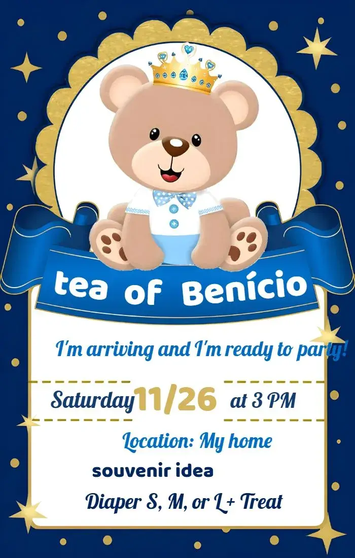 Invite Baby Shower Little Prince Teddy Bear Favor editable and customizable