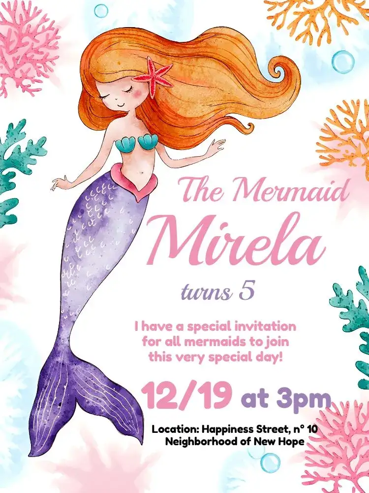 Invitation Green Mermaid – Kids' Birthday Party theme under the sea, pastel colors, marine elements, children's fantasy, vibrant, magical