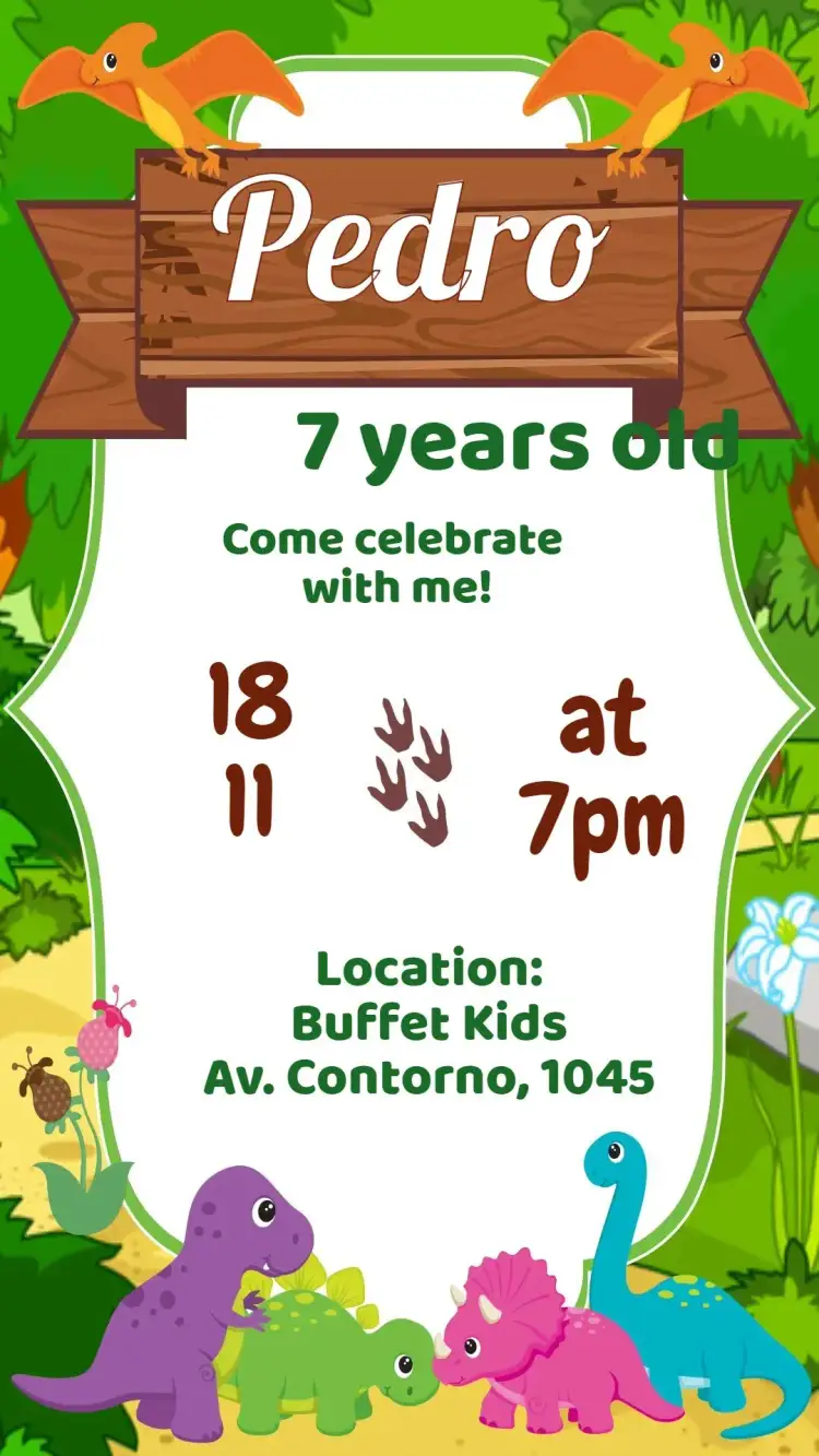 Invitation Dinosaur – Kids' Birthday Party theme vibrant, colorful, fun, prehistoric, animals, adventure