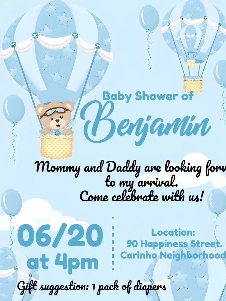 Invitation Baby Shower Teddy Bear Balloon Boy – Diaper Shower theme blue, white, playful, childlike, cute, colorful