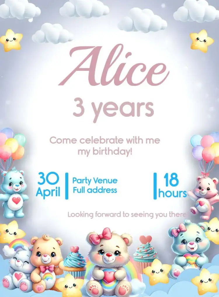 Invitation Care Bears Cupcakes – Most searched for theme colorful, cute, childish, fun, playful