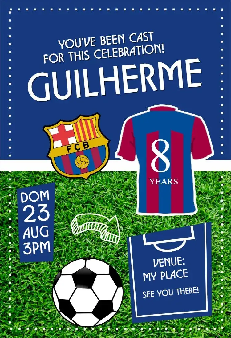 Invitation Barcelona shirt – Sweet 15 theme soccer, contemporary, dynamic, themed, sporty, colorful