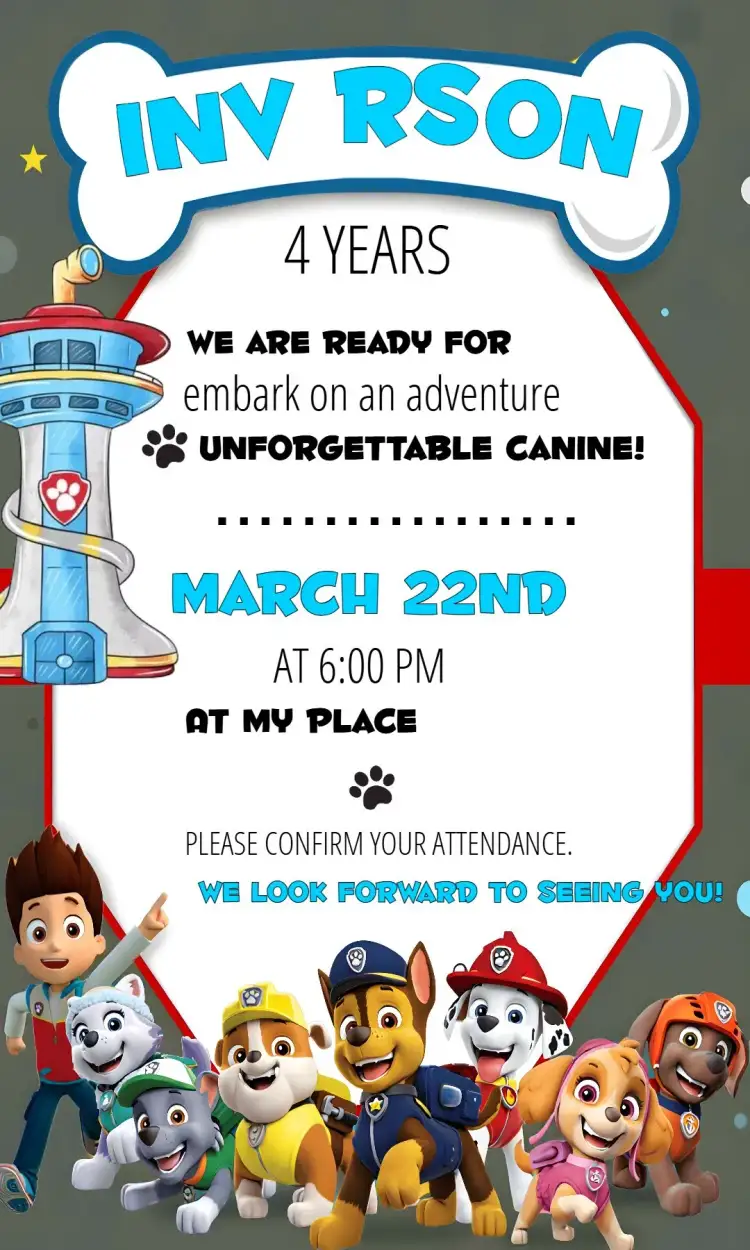 Invitation Paw Patrol Kids – Kids' Birthday Party theme vibrant colors, fun style, childish graphic elements, adventure theme, character illustrations, colorful design