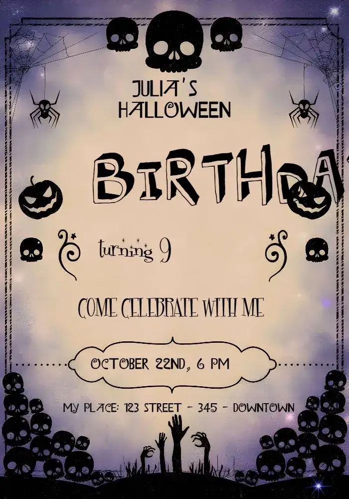 Invitation Halloween Tricks – Commemorative Dates theme dark colors, Halloween illustrations, fun graphic elements, festive style, modern design, playful typography