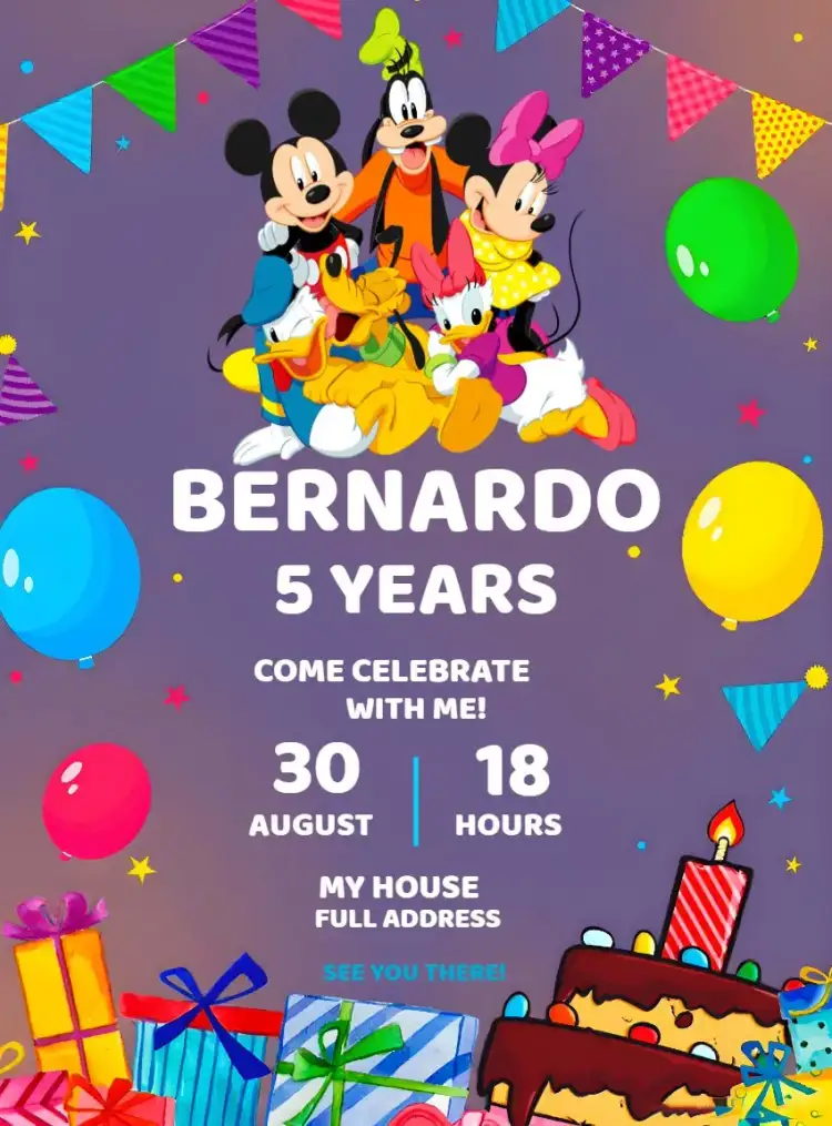 Invitation Mickey's Gang – Kids' Birthday Party theme colorful, fun, childish, lively, themed, Mickey Mouse