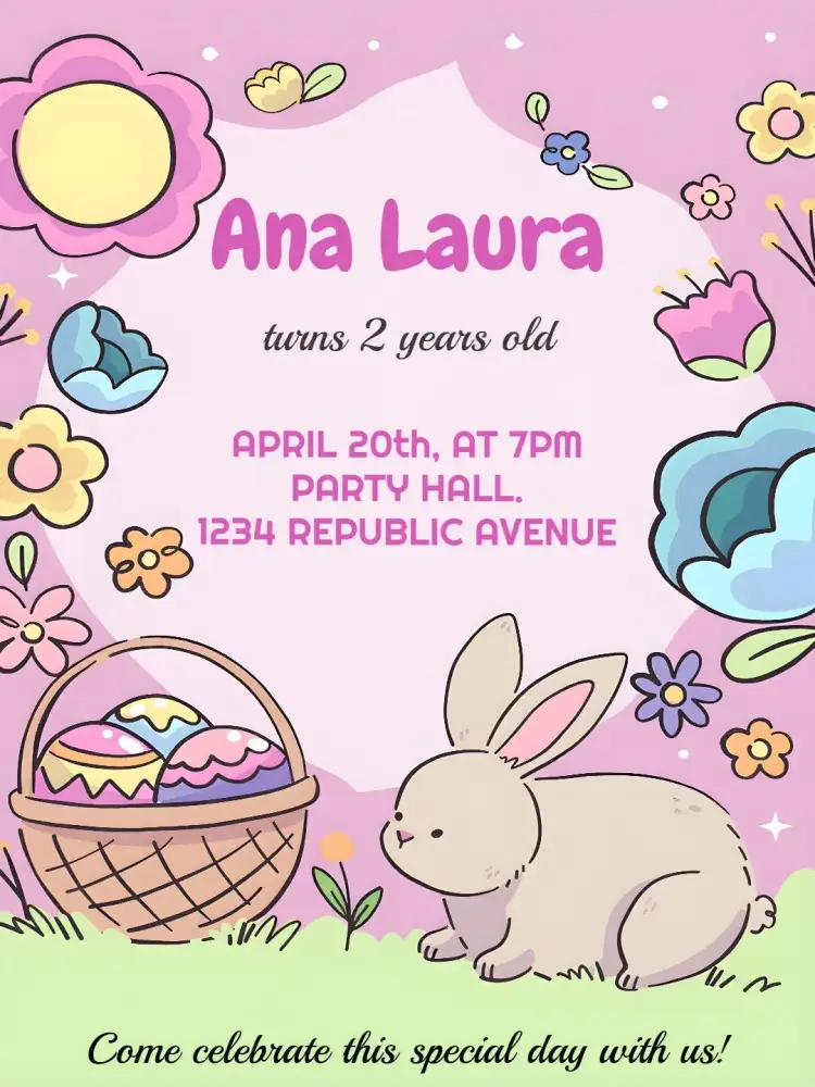 Invitation Pink Easter – Commemorative Dates theme pastel colors, playful style, Easter-themed graphic elements, modern design, bunny-inspired, floral details