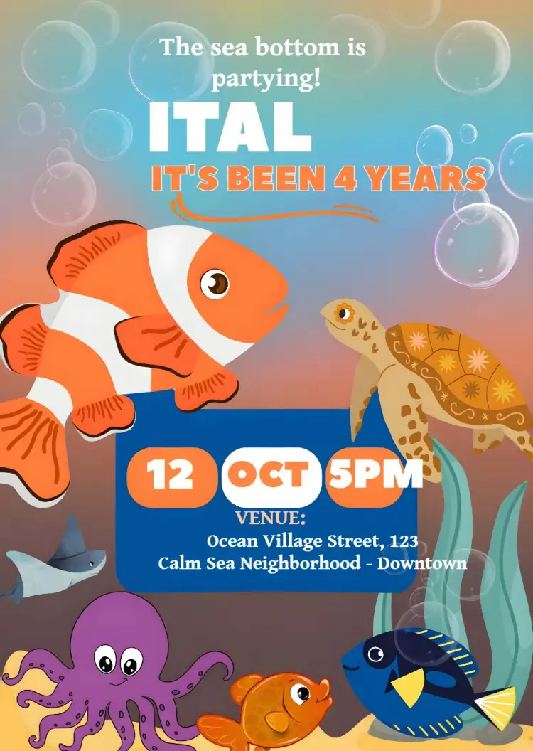 Invitation Colorful Nemo Underwater Theme – Kids' Birthday Party theme colorful, navy, playful, fun, vibrant