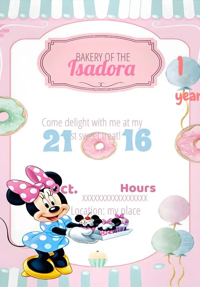 Invitation Minnie Mouse Watercolor Bakery – Most searched for theme pink, watercolor, fun, childish, themed