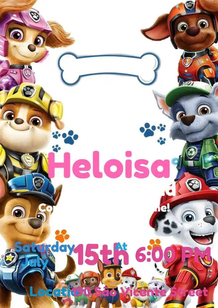 Invitation Paw Patrol – Kids' Birthday Party theme vibrant colors, playful style, puppy graphics elements, fun design, pink and blue colors