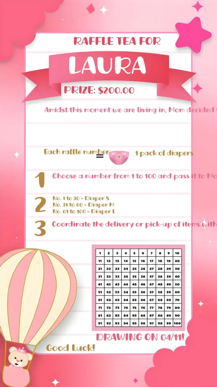 Invitation Bear Balloon Baby Shower Raffle Tea – Raffle Tea theme pink, golden, white, playful, childlike, modern