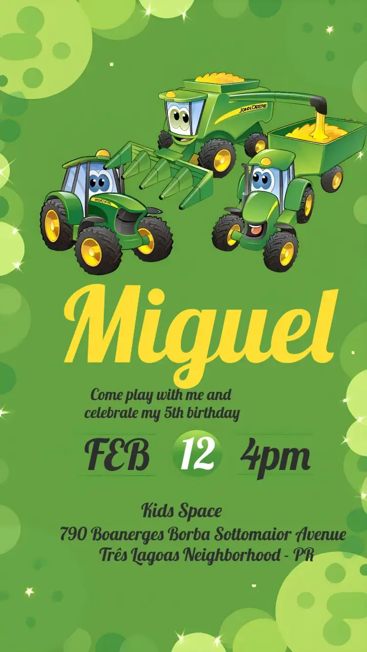 Invitation Brown Jhon Deere Tractor – Most searched for theme rural, children's, colorful, themed, fun, modern