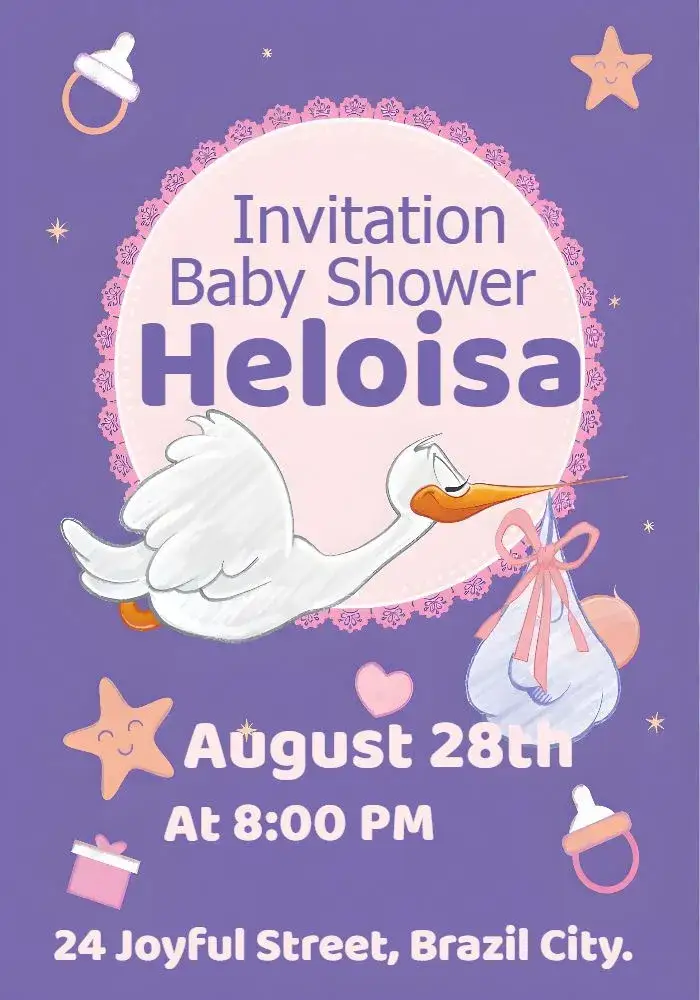 Invitation Stork Seagull Baby Shower – Gender Reveal theme purple, white, playful, childish, modern