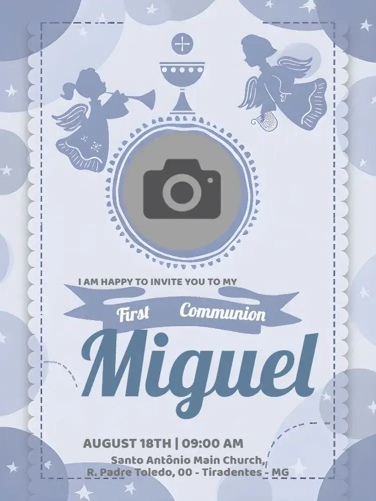 Invitation First Communion With Boy Photo – First Communion theme blue, angel, children's, religious, modern, sustainable