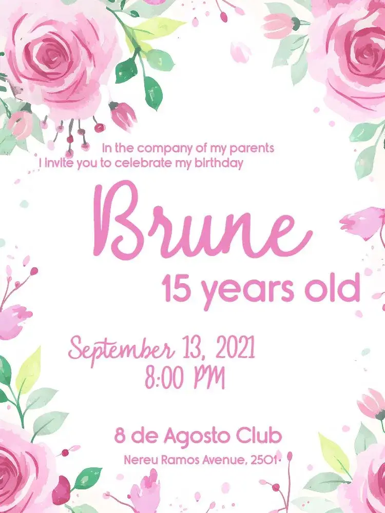 Invite Floral 15 Years - Pink Black Flowers editable and customizable