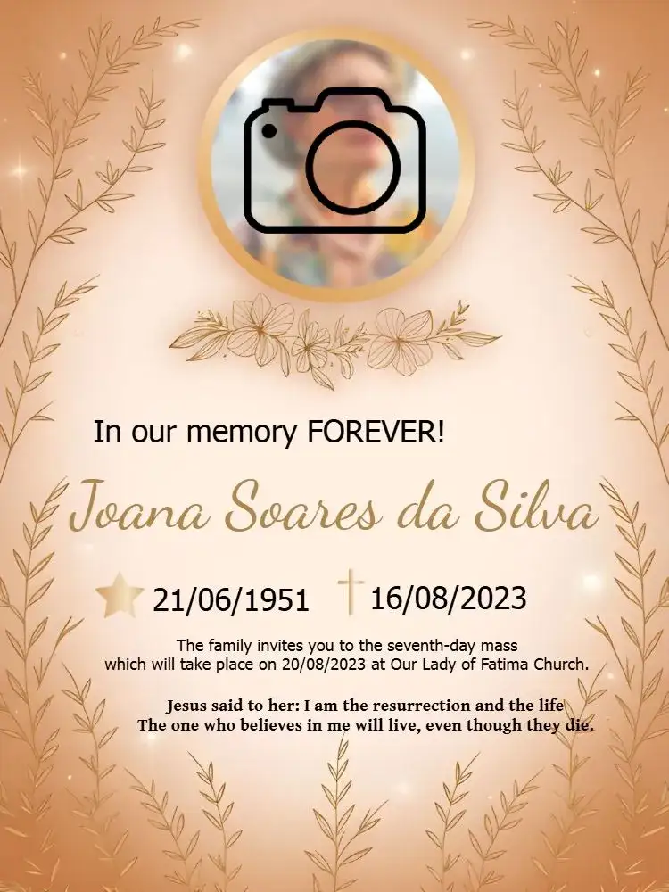 Invitation Seventh Day Mass With Deceased Photo – Commemorative Dates theme golden, white, minimalist, elegant, classic