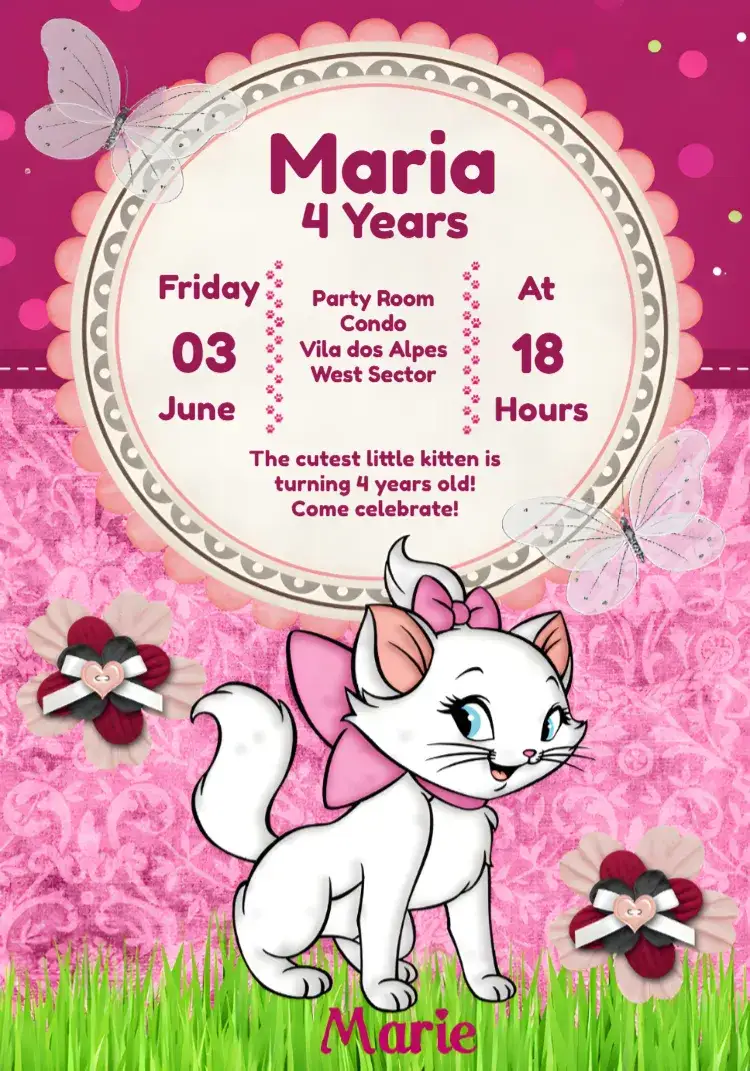 Invitation Pink Marie Kitten – Most searched for theme pink, red, floral, childish, delicate, fun