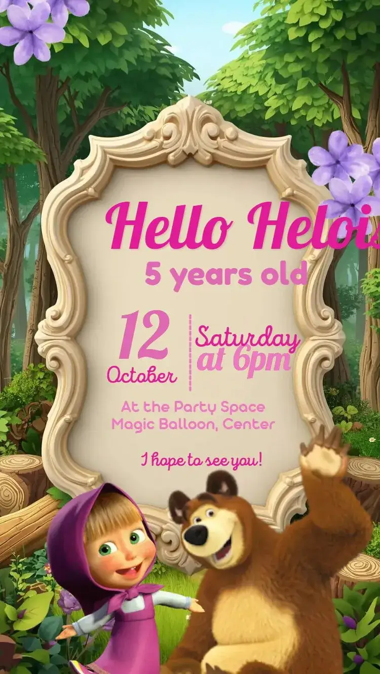 Invitation Masha and the Bear – Kids' Birthday Party theme colorful, floral, fun, childish, themed