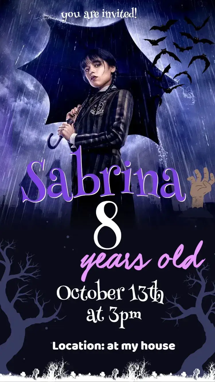 Invitation Wandinha – Kids' Birthday Party theme purple, dark, mysterious, series-themed, fun, modern