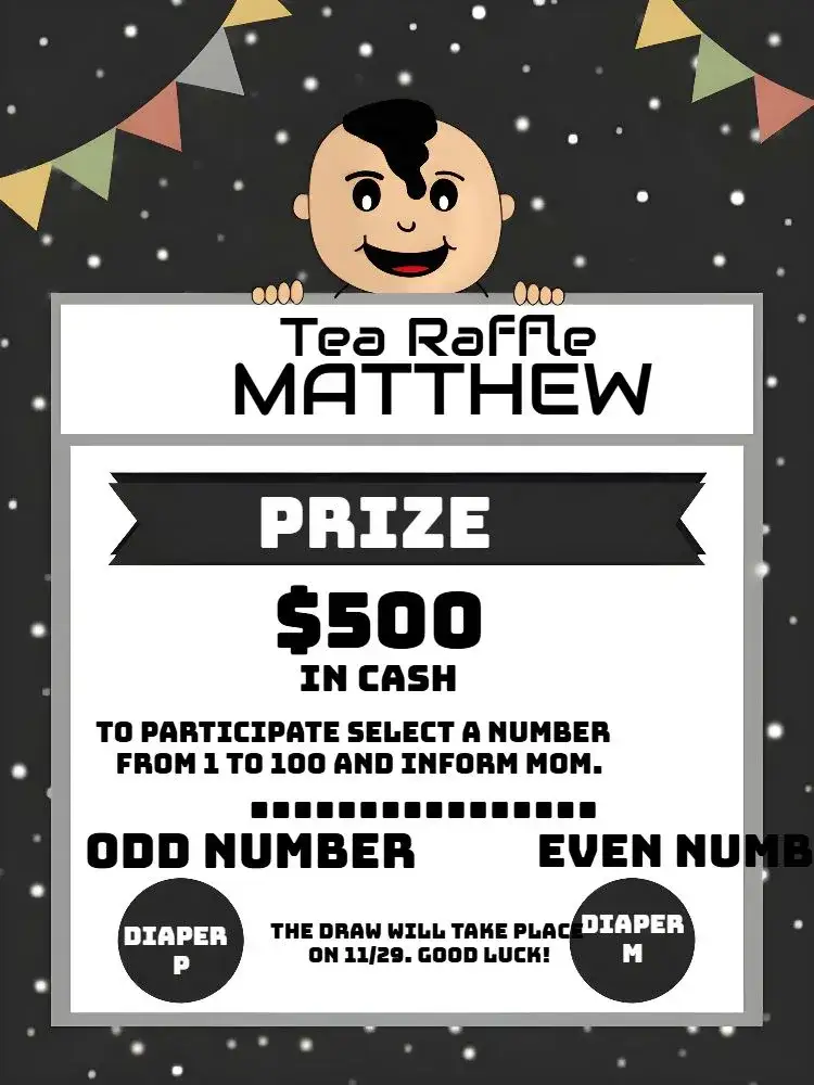 Invitation Gray Boy Raffle Tea – Raffle Tea theme gray, black and white, modern, elegant, bright, buntings