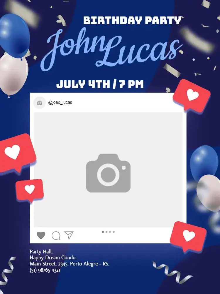 Invitation Blue Social Media Male Party – Kids' Birthday Party theme dark blue, modern, fun, masculine, balloons, hearts
