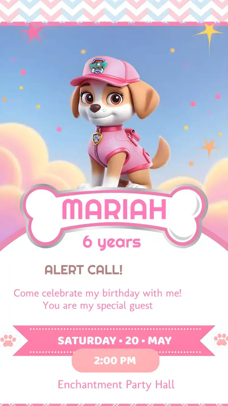 Invitation Skye Pink Paw Patrol – Kids' Birthday Party theme pink, fun-filled, themed, colorful, childlike, lively