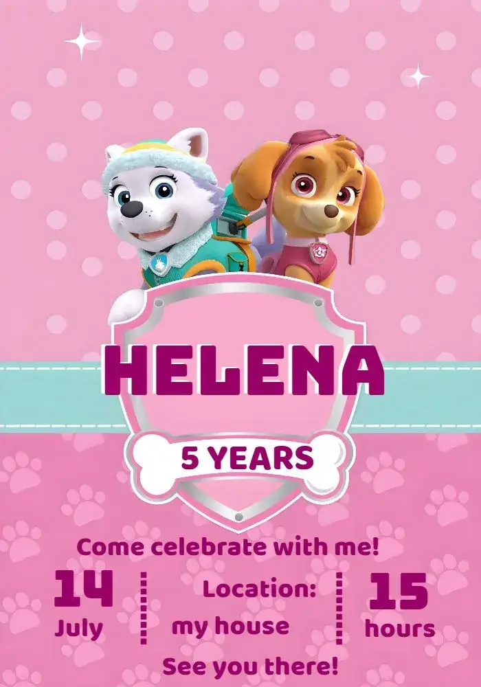Invitation Patrol Pink Paw Skye – Kids' Birthday Party theme pink and purple colors, Paw Patrol graphic elements, playful style, fun design, childlike illustrations, adventure theme