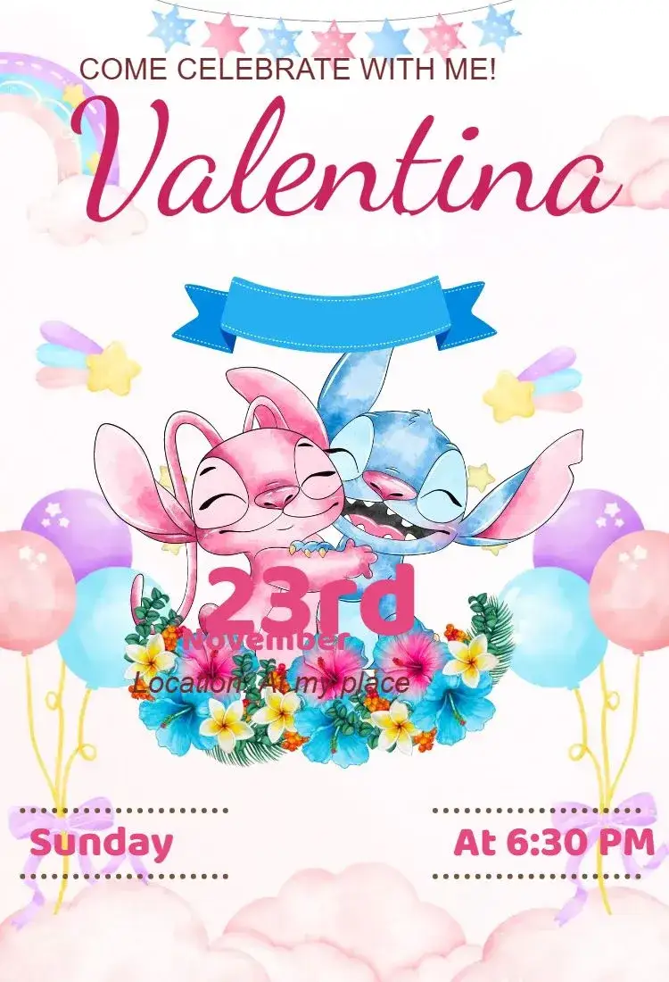 Invitation Stitch and Angel digital invitation – Birthday theme colorful, cute, kawaii, modern, themed