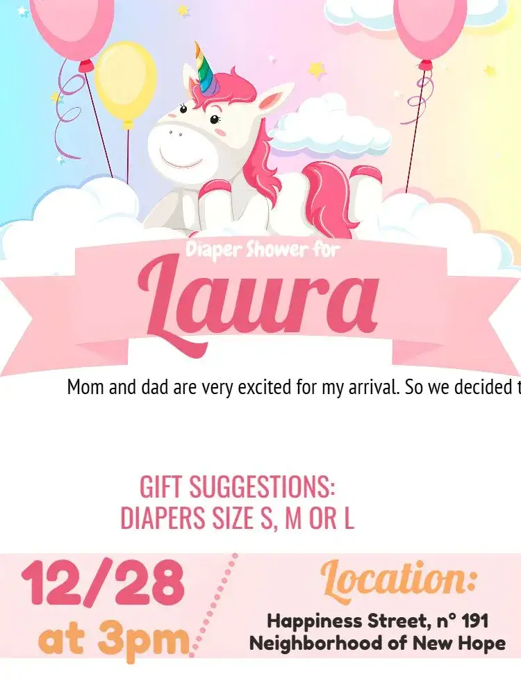 Invitation Unicorn Diaper Shower Balloon – Bridal Shower theme colorful, playful, fantasy, modern, fun, thematic