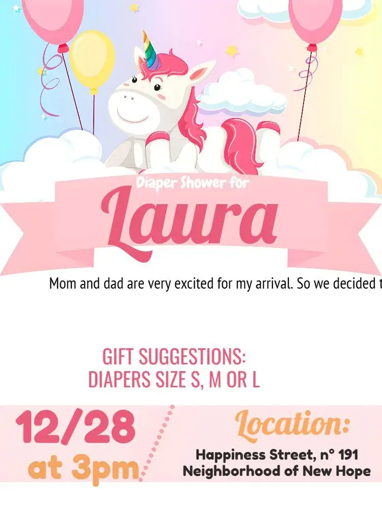 Unicorn Diaper Shower Balloon invitation