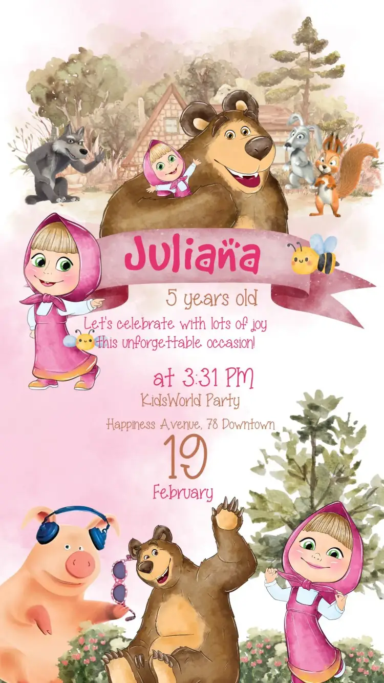 Invitation Masha And The Bear Watercolor Forest – Most searched for theme watercolor, forest, candy, colorful, childlike, fun