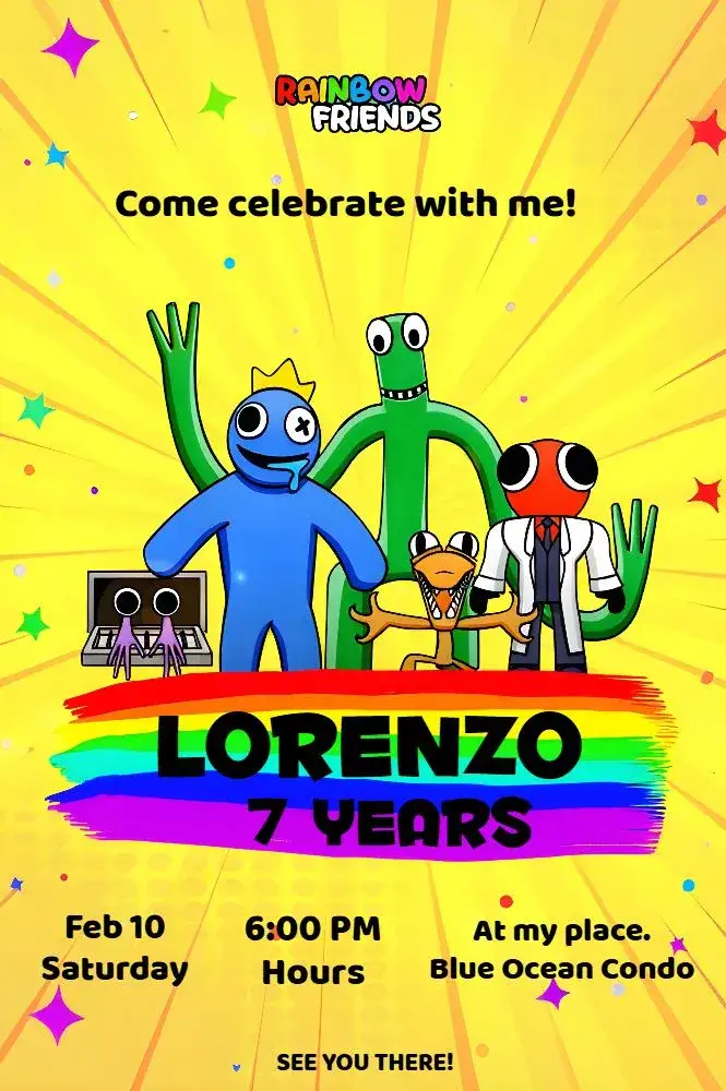 Invitation Rainbow Friends Blue Drooly Yellow – Most searched for theme colorful, childlike, fun, vibrant, modern