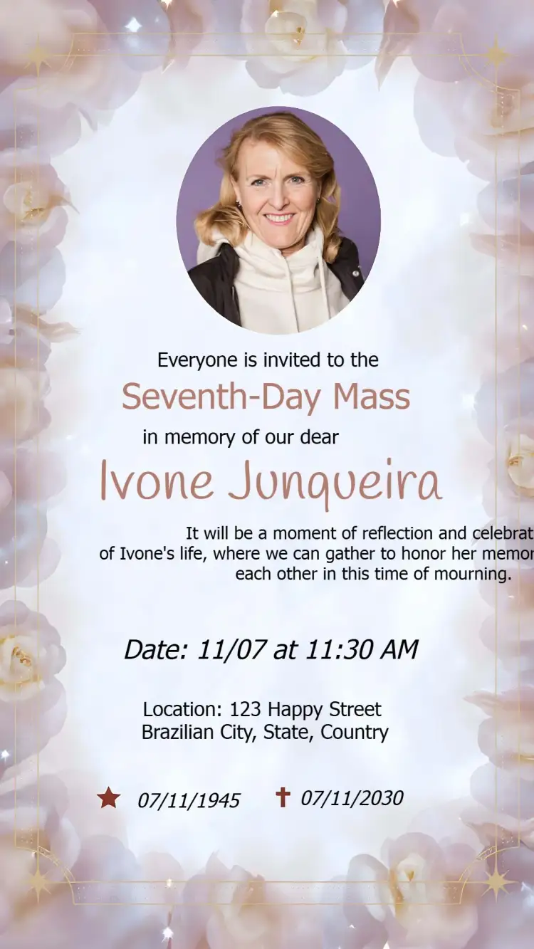 Invitation Seventh Day Mass With Mourning Photo – Commemorative Dates theme sober, elegant, minimalist, classic, serene