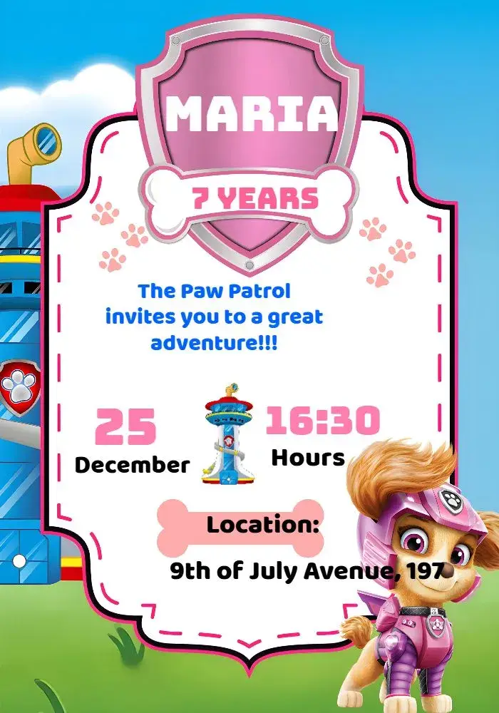 Skye Paw Patrol Dog invitation