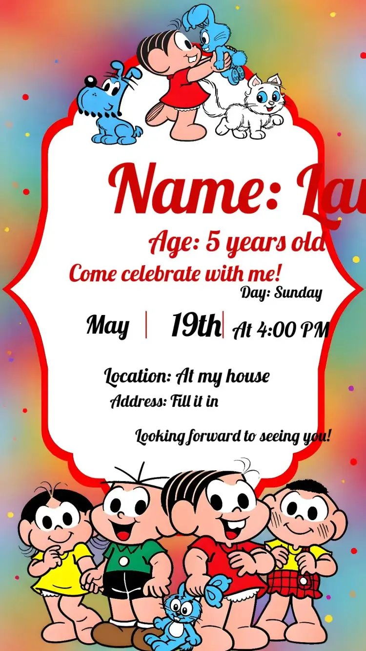 Invitation Monica's Gang Monica – Kids' Birthday Party theme colorful, fun, childish, illustrations, comics, themed