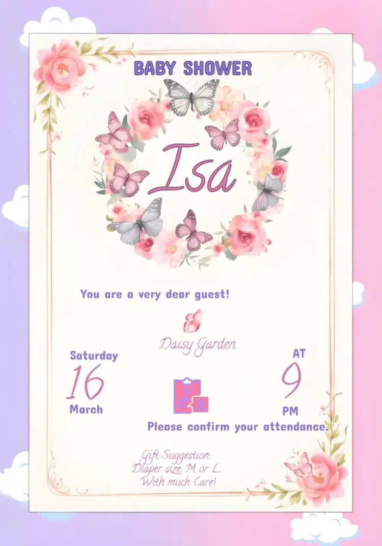 Invitation Butterfly Baby Shower Invitation – Diaper Shower theme floral, infantil, colorido, moderno, delicado