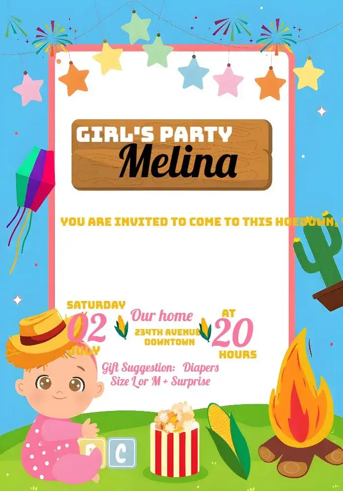Invitation João's Menina Hoedown – Commemorative Dates theme junina, colorful, country-style, feminine, vibrant