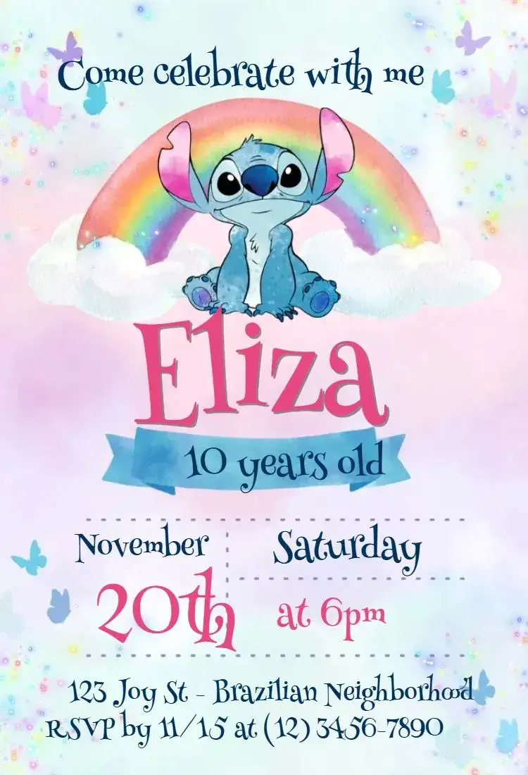 Invitation Stitch – Kids' Birthday Party theme colorful, fun, themed, cartoon, tropical