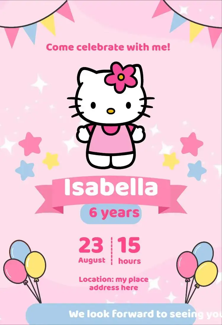 Invitation Hello Kitty 4 – Kids' Birthday Party theme pink, fun, colorful, childlike, themed, playful