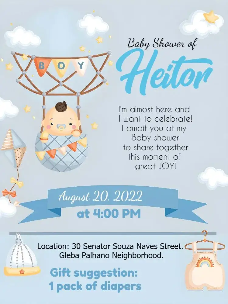 Invitation Blue Balloon Bear Diaper Shower – Diaper Shower theme blue, white, brown, balloons, stars, clouds