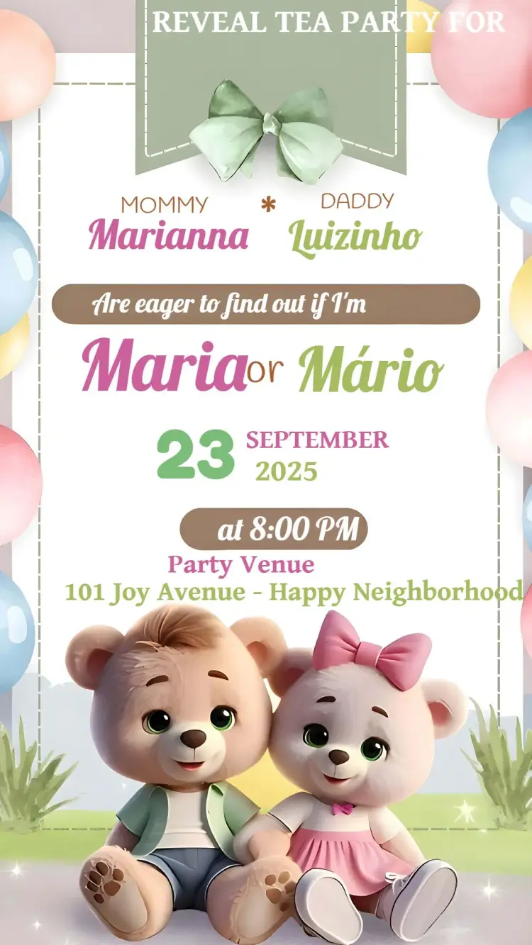 Invite Teddy Bears Baby Gender Reveal editable and customizable