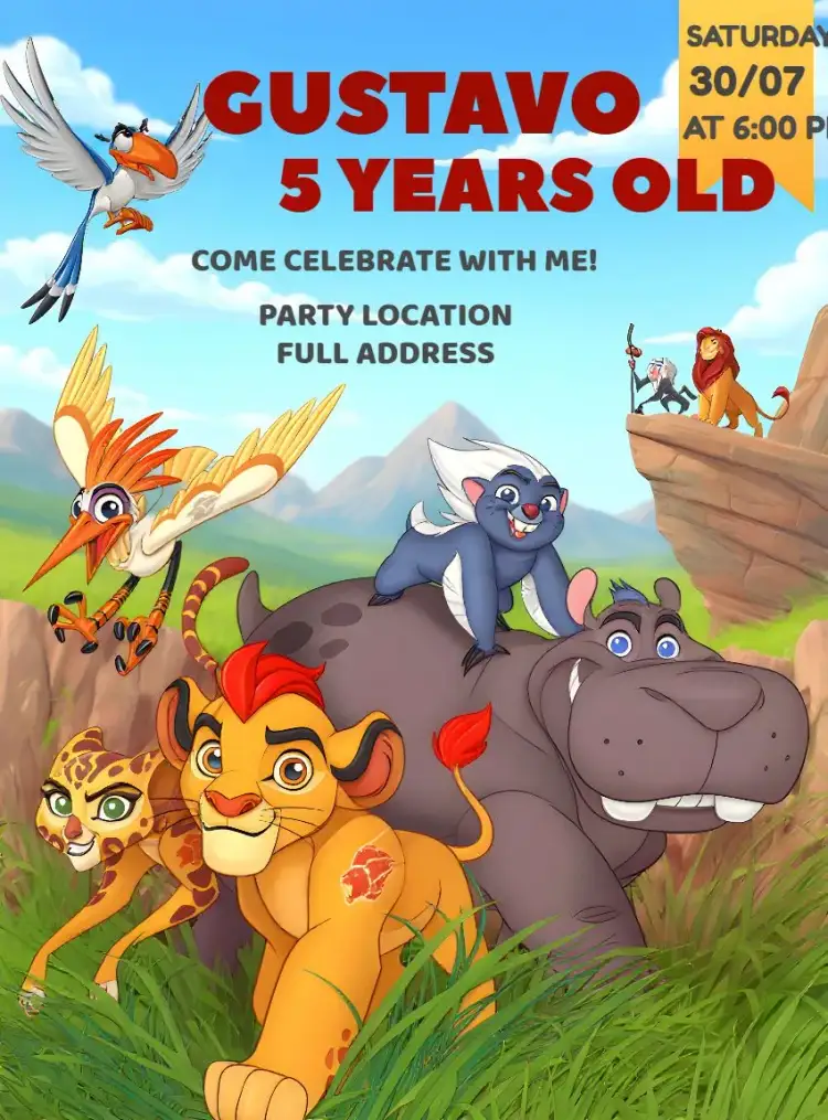 Invitation Lion King Pumbaa – Kids' Birthday Party theme vibrant colors, fun style, jungle elements, colorful illustrations, Disney theme, playful style