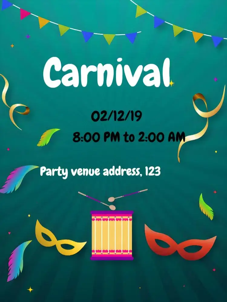 Invitation Carnival Ball – Commemorative Dates theme purple, confetti, samba, masks, vibrant, festive