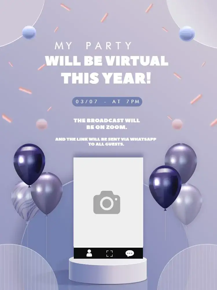 Invitation Virtual Balloon Party – Kids' Birthday Party theme vibrant purple, colorful balloons, playful style, fun, childlike illustrations, modern design