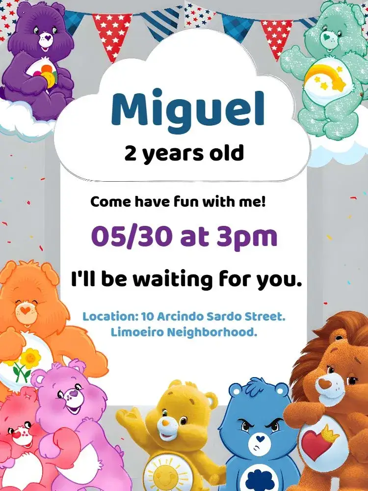 Invitation Care Bears White – Kids' Birthday Party theme colorful, playful, cute, clouds, modern, childlike