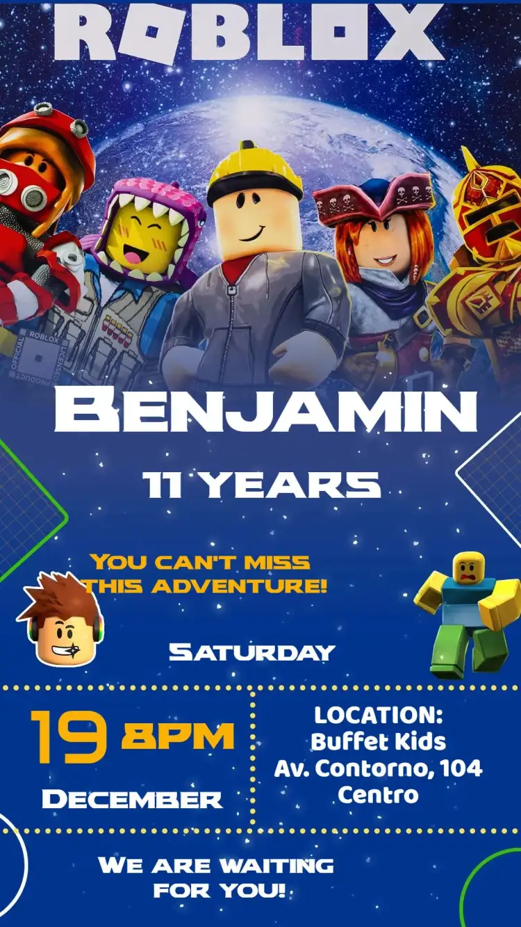 Invitation Roblox – Kids' Birthday Party theme colorful, fun, games, modern, childlike, interactive