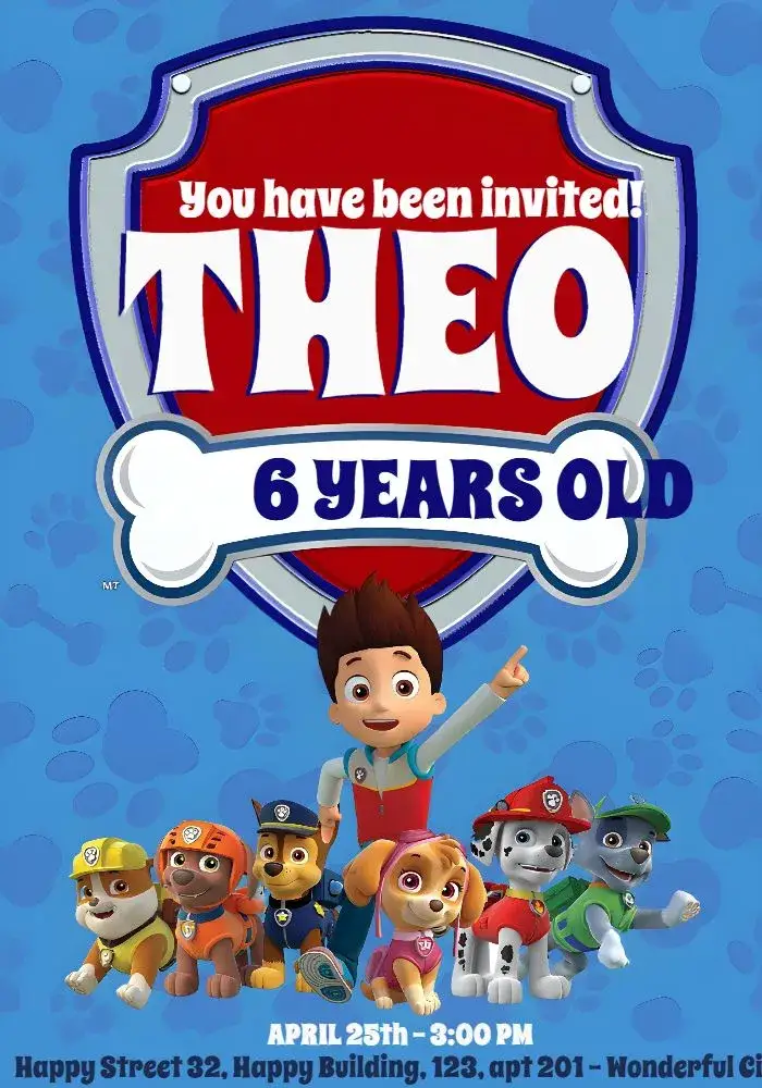 Invitation Paw Patrol – Kids' Birthday Party theme colorful, fun, themed, childish, animals