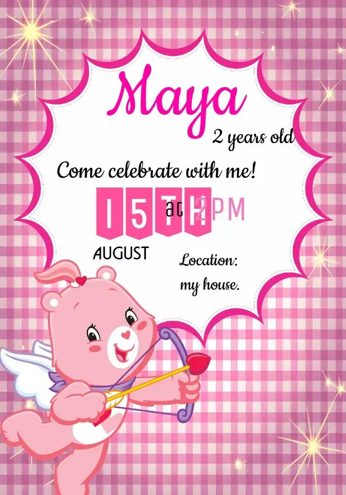 Invitation Care Bears Heart Girl – Kids' Birthday Party theme pink, cute, childlike, colorful, fun, sweet