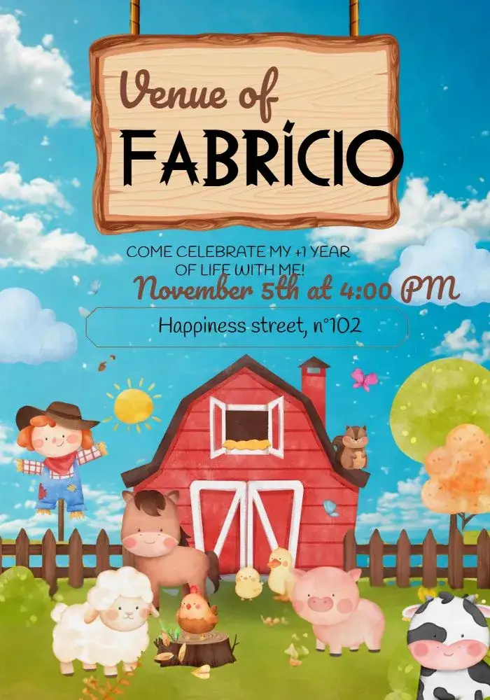 Invitation Aquarela Kids Farm – Kids' Birthday Party theme watercolor, colorful, rustic, fun, childlike, nature