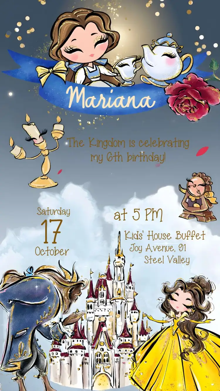 Invitation The Beauty And The Beast Kids – Most searched for theme watercolor, glitter, sparkle, soft colors, playful style, fairy tale elements
