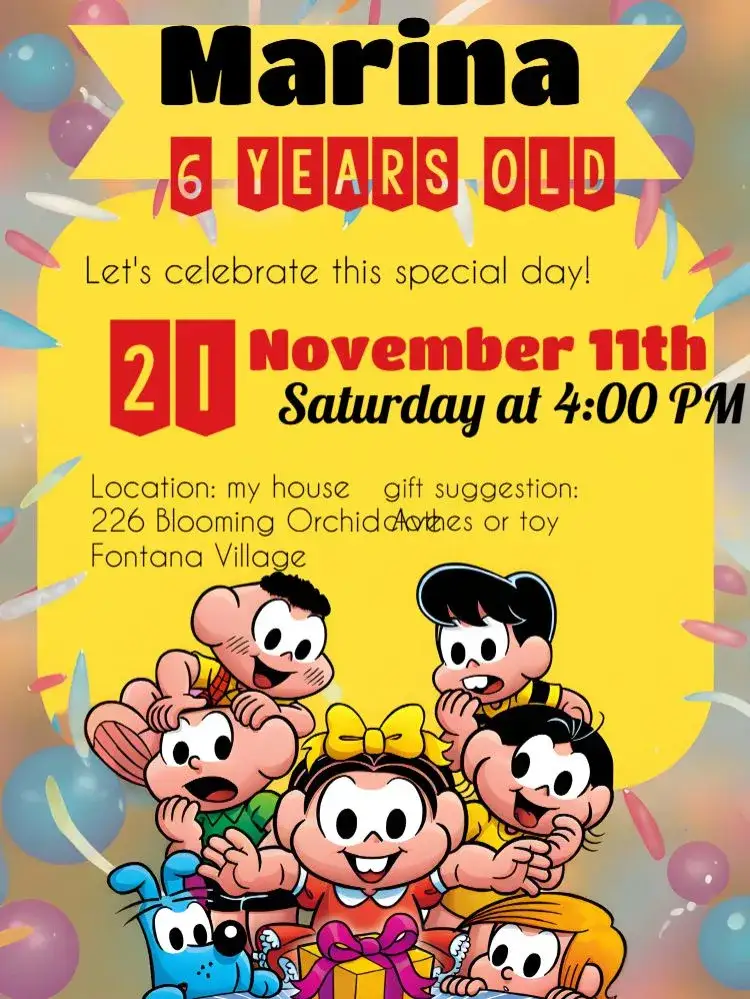 Invitation Turma Da Mônica Magali – Kids' Birthday Party theme colorful, fun-filled, childlike, playful, themed, vivid